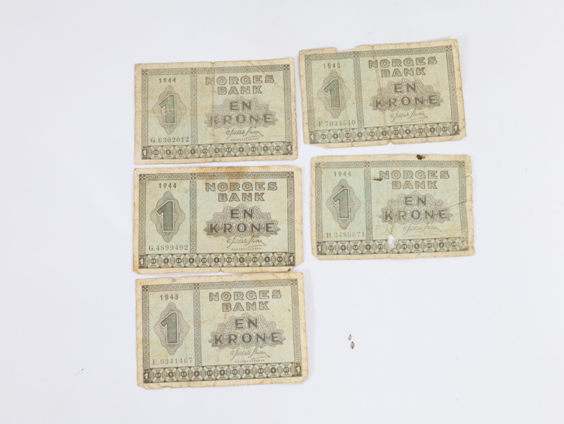 5 st Norsk 1 kr - 1943-1944