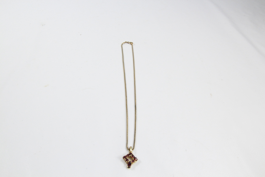 Kjede med anheng i double, sølv og granater.