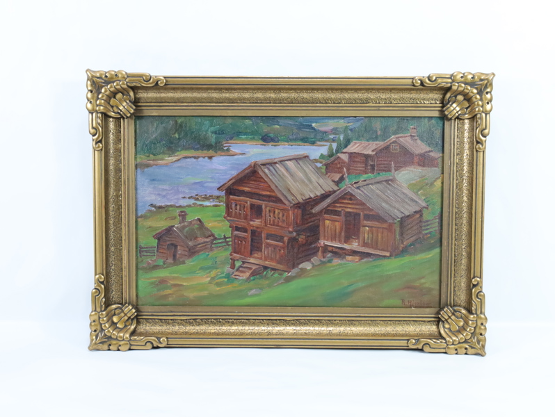 Landskapsmaleri med stabbur – signert R. Hierlow
