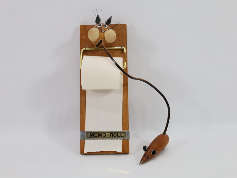 Vintage memo roll holder i tre – med katt og mus design
