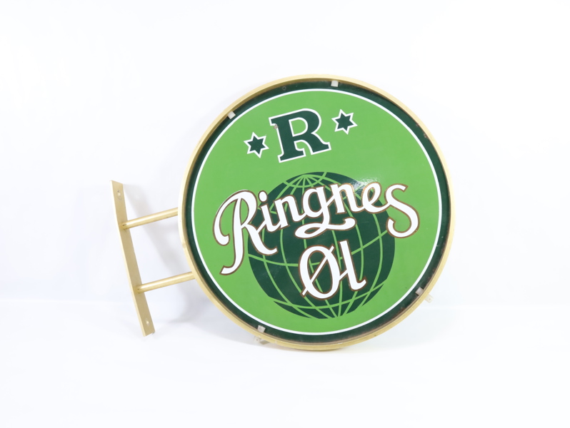 Vintage Ringnes Øl reklameskilt – rundt dobbeltsidig skilt med globusmotiv