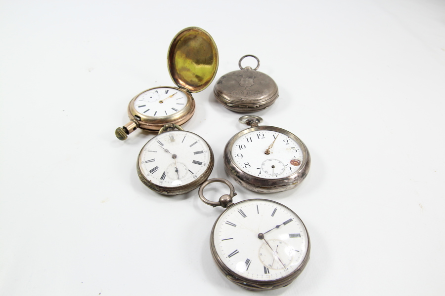 Samling med 5 antikke lommeur – sølv og metall – 1800/1900-tallet
