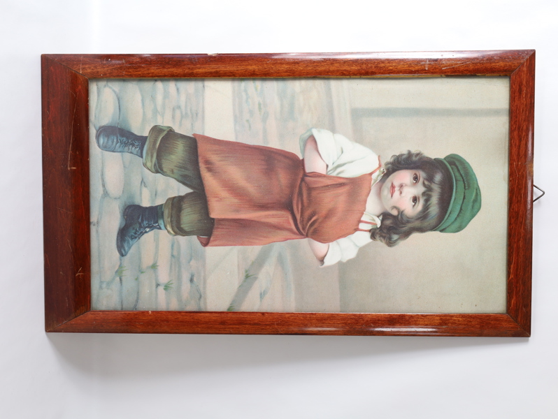 Gammelt bilde / trykk med barnemotiv i tre-ramme, 41 × 23,8 cm
