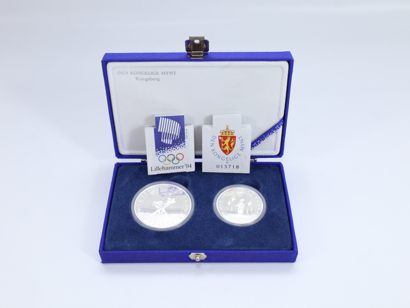 Myntsett OL Lillehammer 1994, proof kvalitet, 2 sølvmynter 100 kr og 50 krone i 925 sølv
