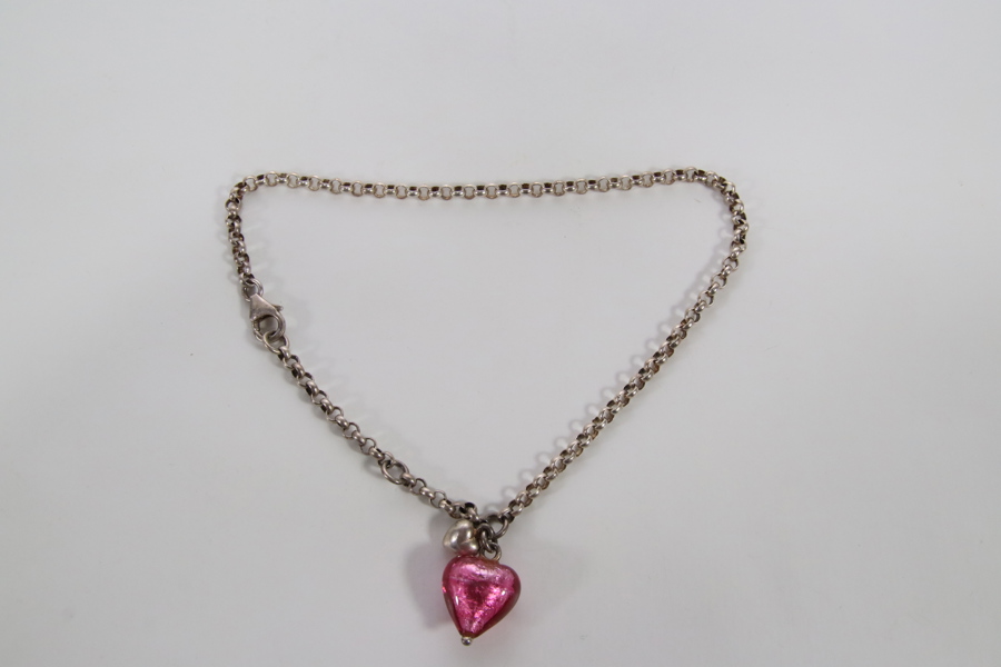 Armbånd i sølv 925 med rosa glasshjerte