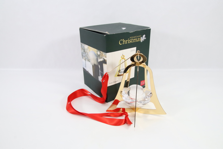 Holmegaard Christmas lyseholder 2008 – gullfarget bjelle med glassinnsats

