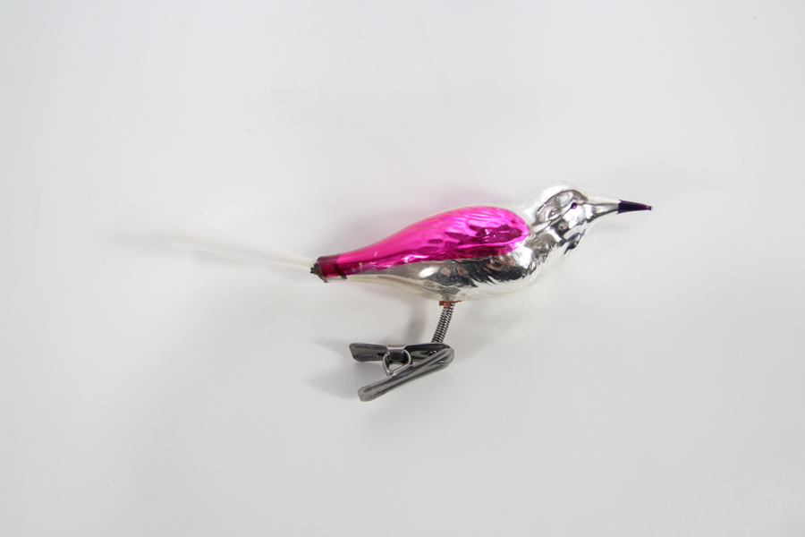 Vintage juletrepynt - håndblåst glassfugl med klype