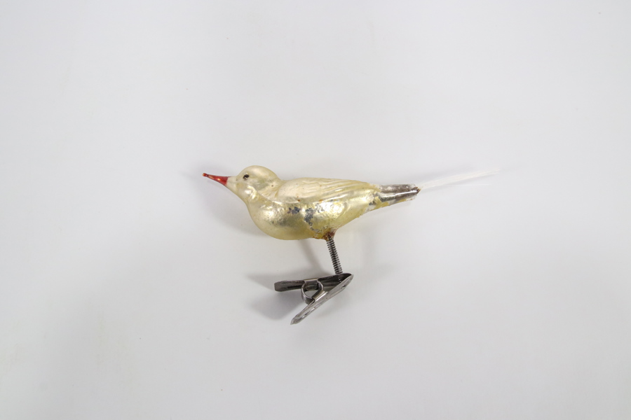 Vintage juletrepynt - håndblåst glassfugl i gull med klype