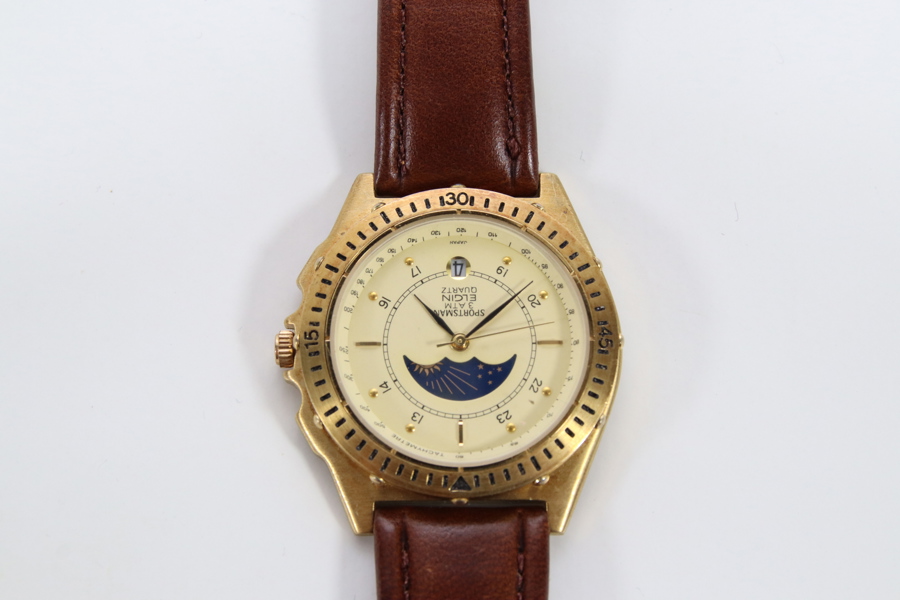 Elgin Sportsman herreklokke i messingfinish med månefase, ca. 40 mm

