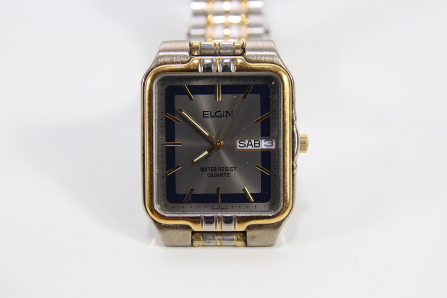 Elgin rektangulær herreklokke i stål og gulltone, ca. 30 mm
