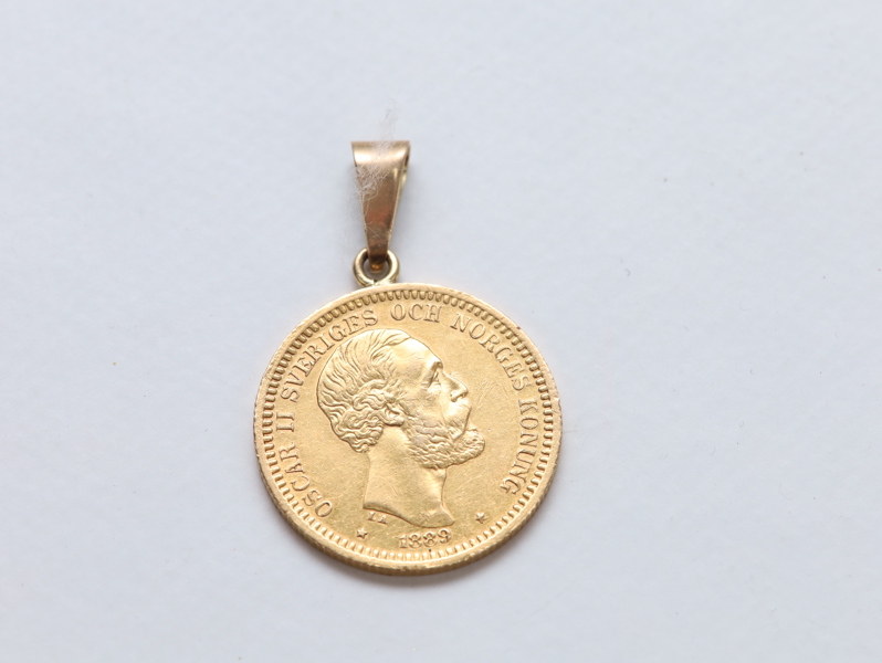Oscar II 20 kroner gullmynt 1889 – anheng i 14 kt gull
