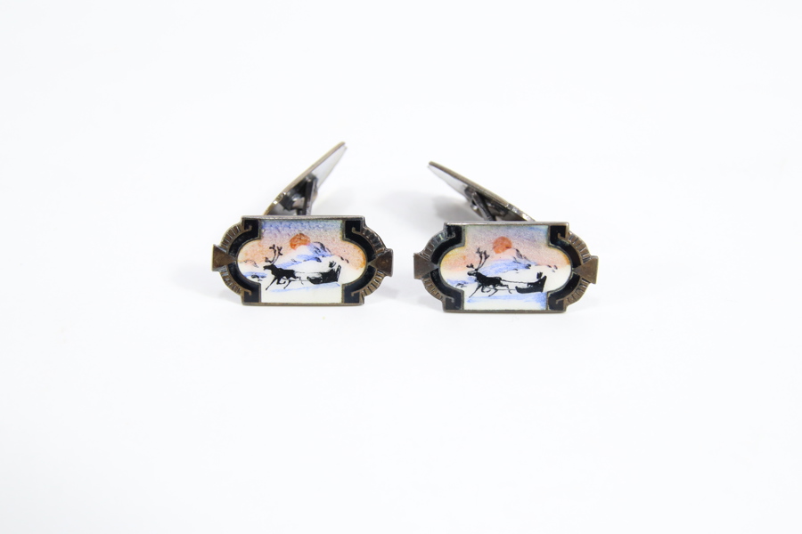 Mansjettknapper i sølv 925S med emaljemotiv – reinsdyr og slede
