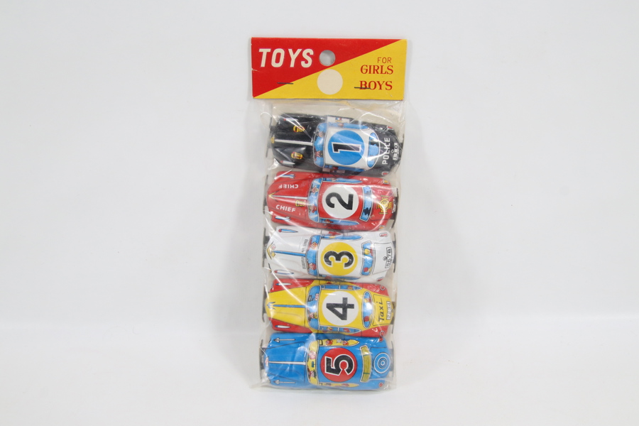 Vintage blikkbiler – 5 stk i original pose – Made in Japan