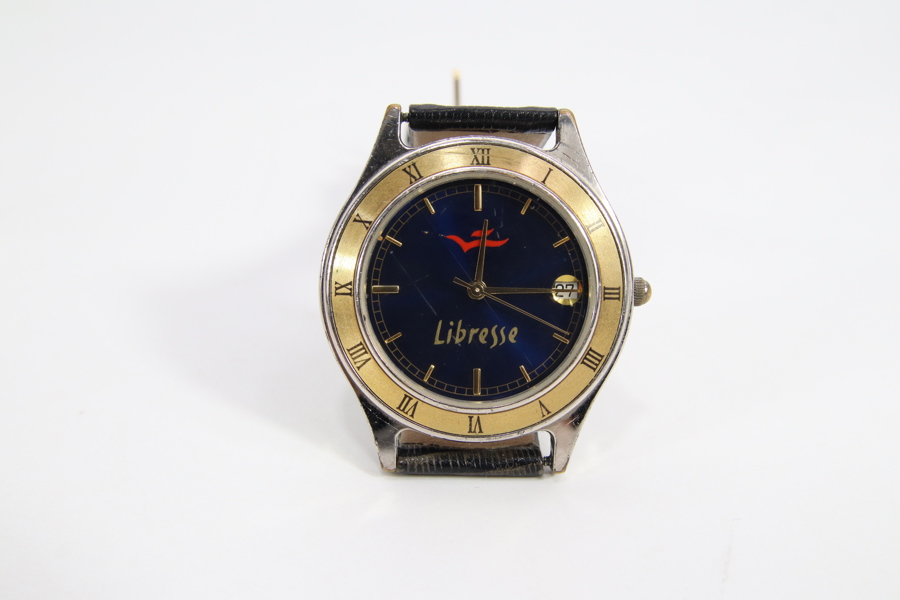 Libresse quartz armbåndsur med blå skive og gullfarget bezel