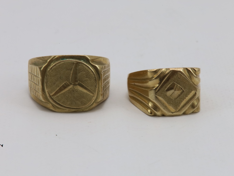 To vintage messingringer – reisende-arbeid, dekorative herresignetringer (Mercedes-motiv & geometrisk mønster)