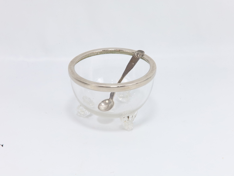 Saltbolle i glass med metall sølvkant og original 830S-skje
