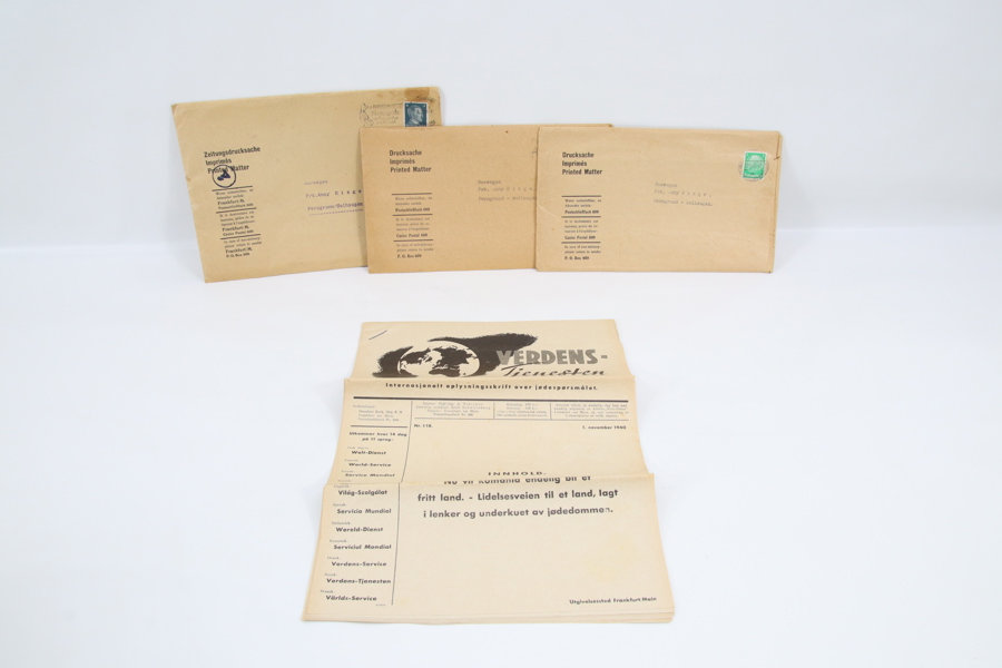 Verdens-Tjenesten – 4 trykte utgaver med konvolutter, 1940–1943