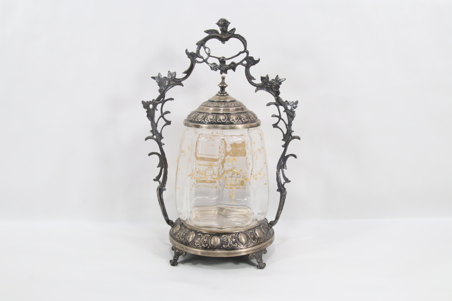 Viktoriansk stil pickle castor i metall og glass

