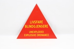 Trekantet varselskilt «Livsfare Blindgjengere» i metall
