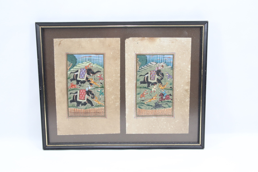 Par innrammede indiske miniatyrmalerier med jaktscener
